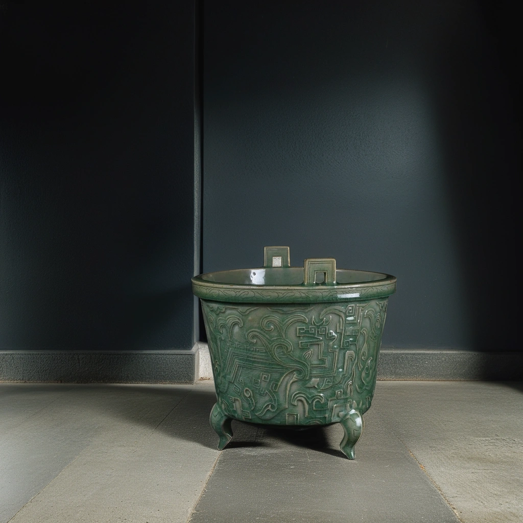 高丽仿龙泉窑青釉剔刻龙纹三足鼎