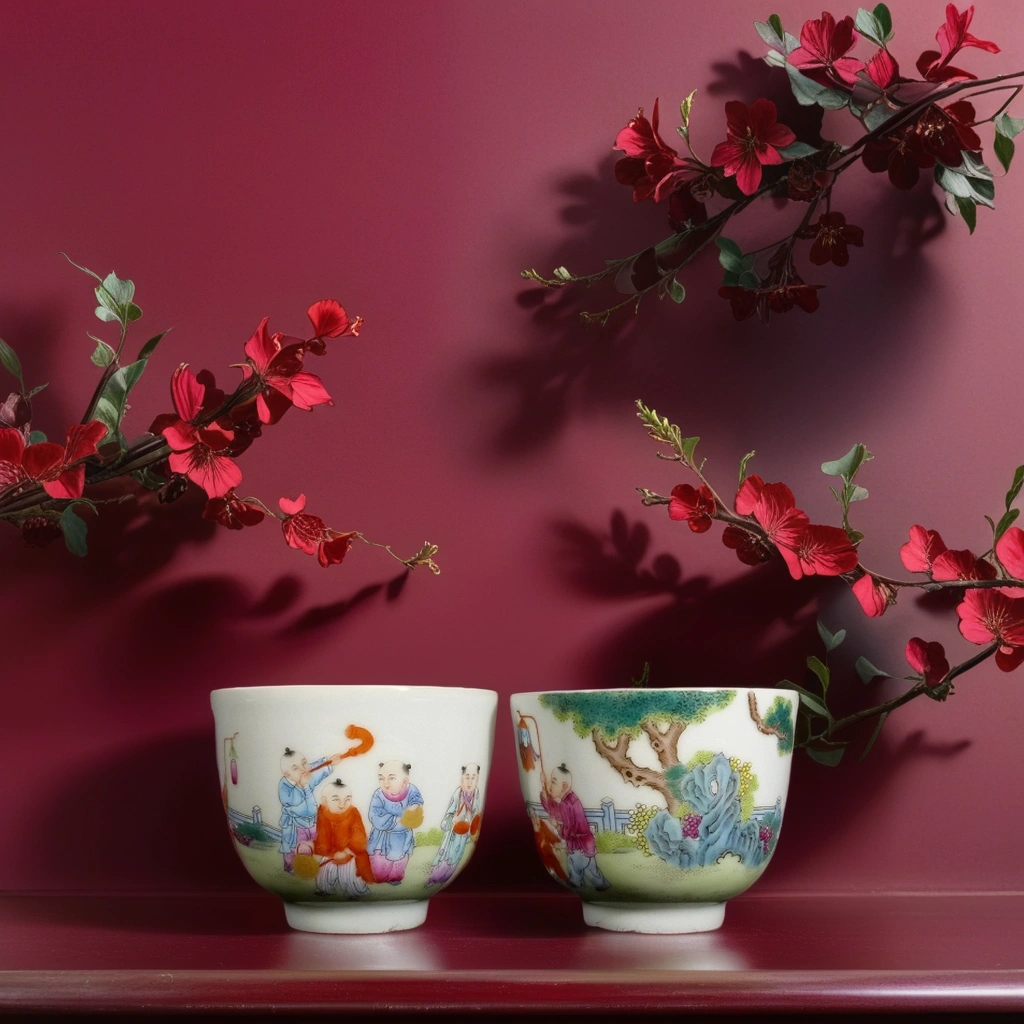 清雍正 粉彩麟趾呈祥对杯