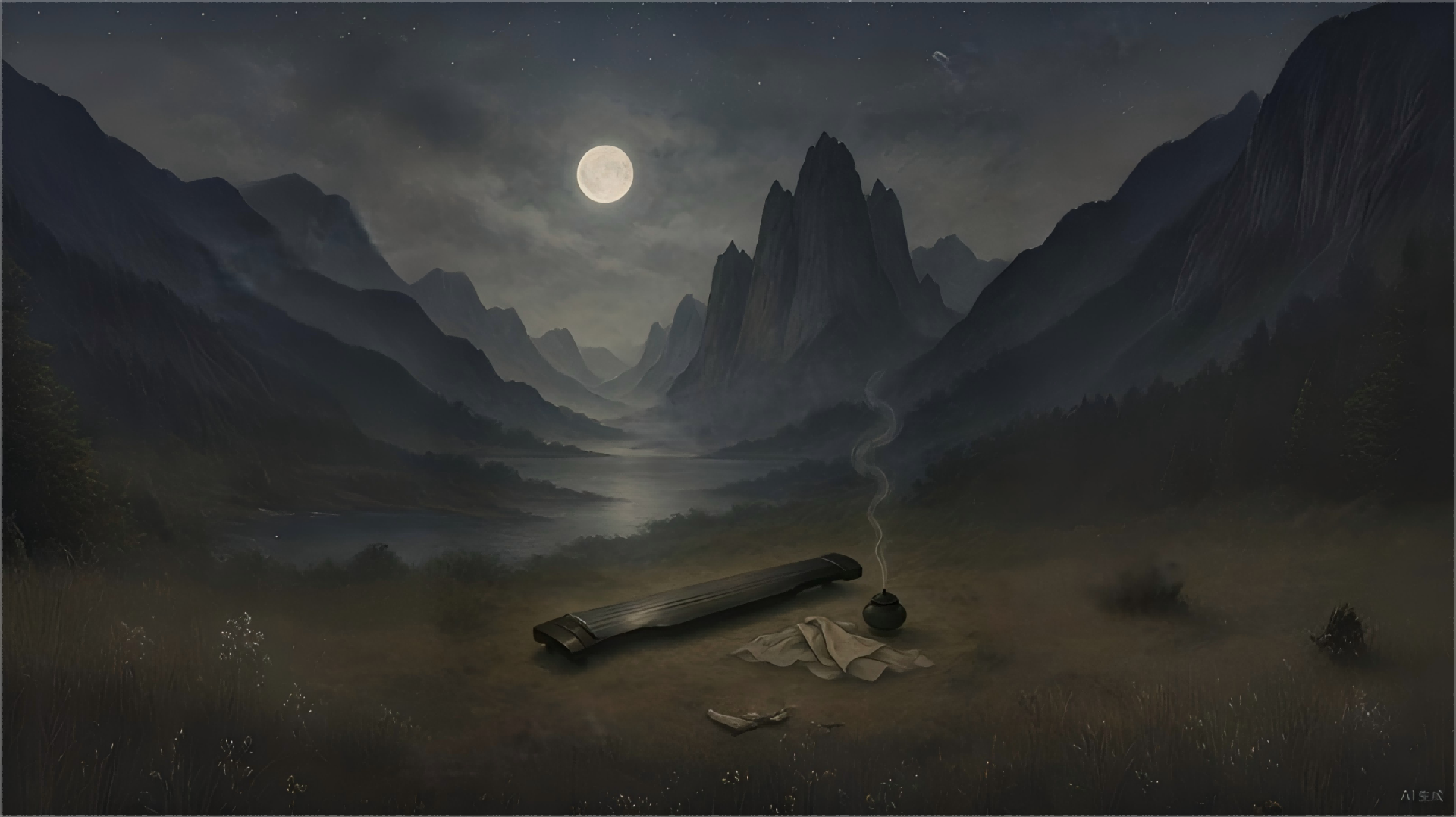中秋夜山水琴画
